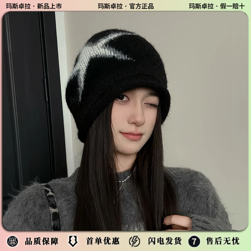 玛斯卓拉卷边针织堆堆帽女秋冬保暖护耳套头冷帽韩版时尚提花星星