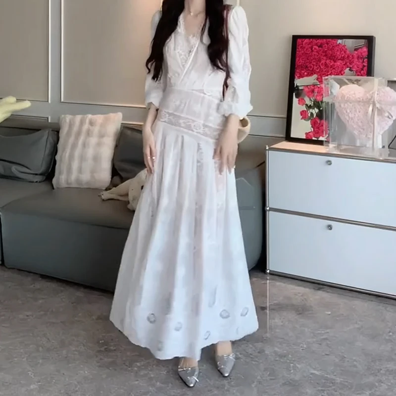 2012法式复古高级感立体花朵蕾丝连衣裙新款时尚气质设计感长裙