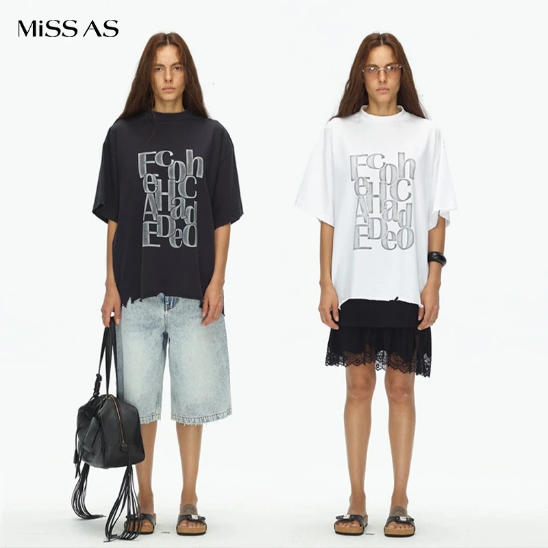 【ECHOADE】不规则做旧水洗破洞设计宽松小圆领字母T恤MISSAS买手店