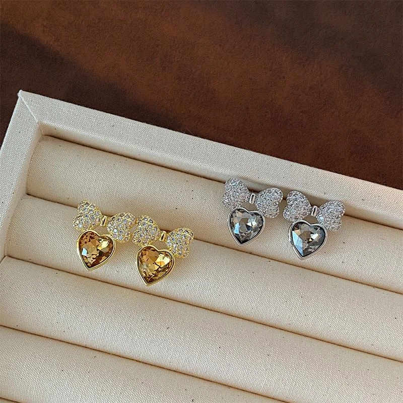 铜合金锆石耳饰 新款时尚高级感设计蝴蝶结爱心耳环精致甜美轻奢