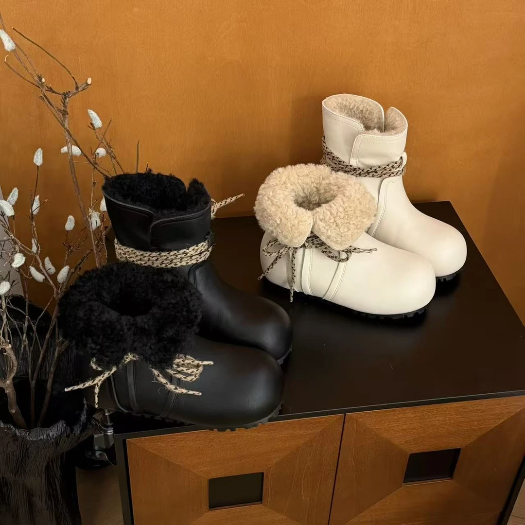 H55同款女鞋费尔岛小面包2025冬季款极简游牧百搭两穿皮面雪地靴