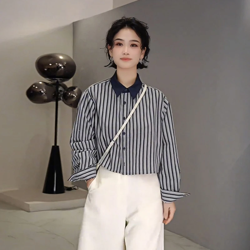 通勤百搭条纹撞色设计POLO领衬衫女2025春季新款时尚韩版拼接上衣