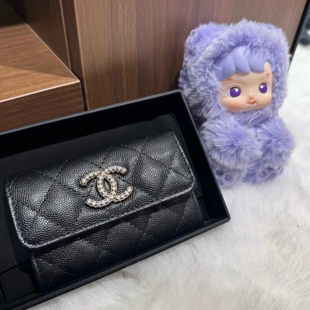 未使用 Chanel/香奈儿 全新闲置25s黑色荔枝纹加双C满钻logo卡包