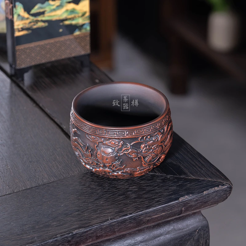 云南原矿紫陶原矿手工满雕盘龙主人杯茶杯茶具茶壶紫陶