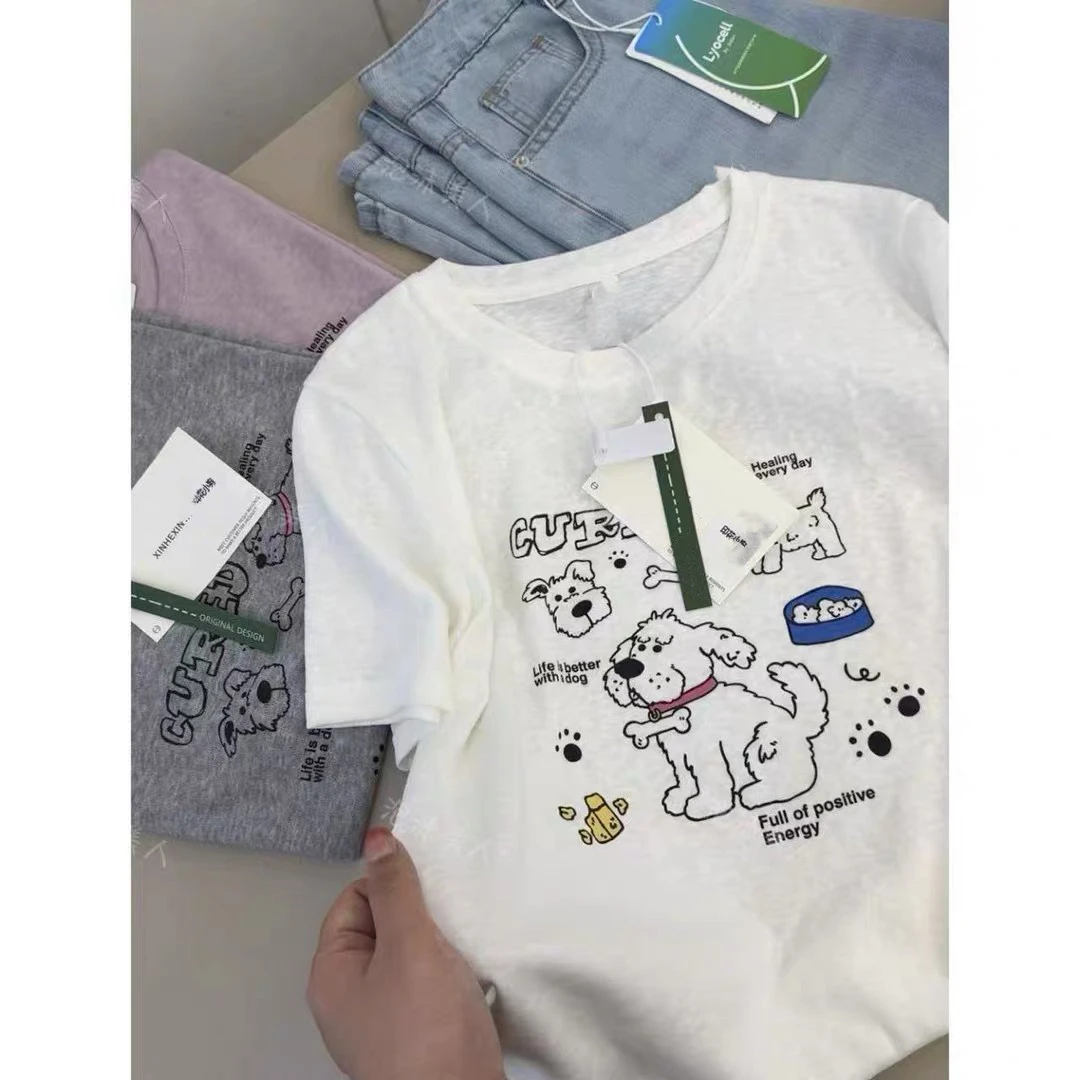 薇莎8101【小狗】雪花棉印花特色透气百搭T恤