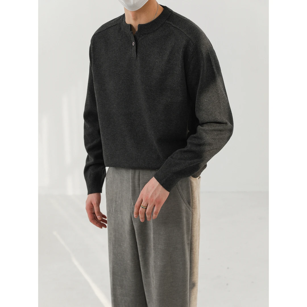 卓卓老钱风亨利领针织衫 男小V领毛衣秋冬季上衣纯色内搭打底衫