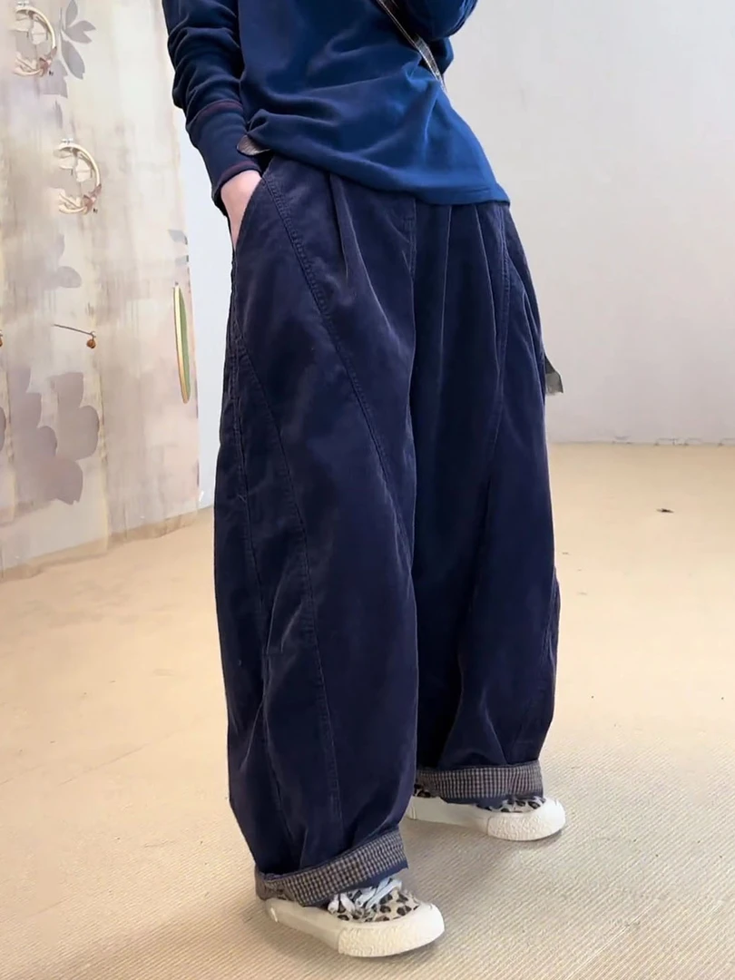 藏青色灯芯绒休闲裤女2025秋冬流行新款高腰宽松时尚气质阔腿裤子