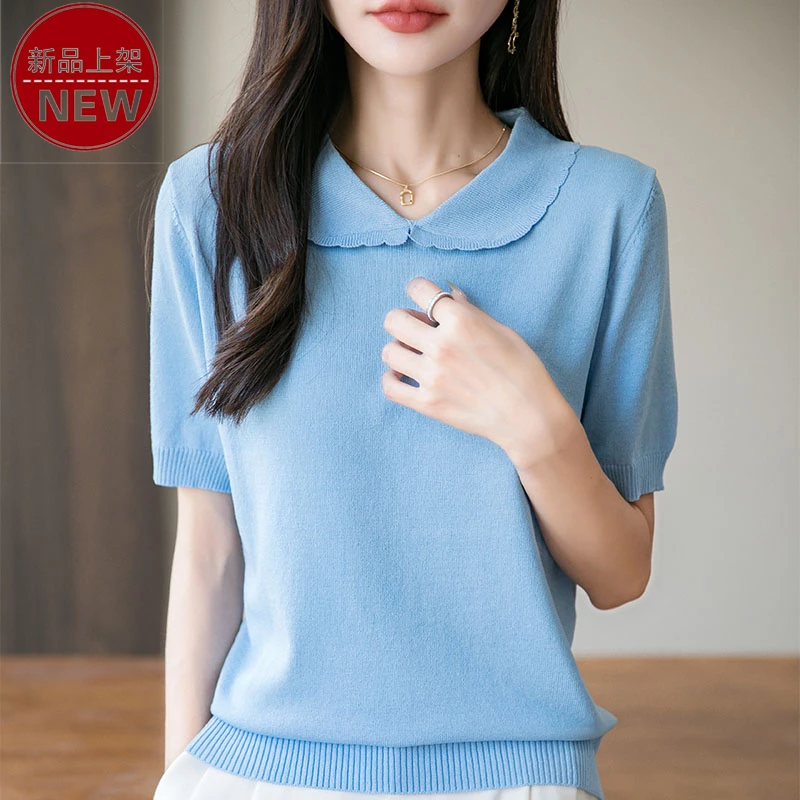 哥弟阿玛施正品欧若风薄款娃娃领优雅短袖洋气宽松纯色百搭针织衫