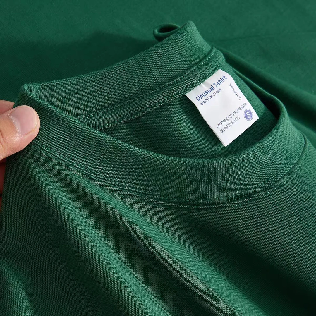330g重磅墨绿色纯棉高克重小圆领短袖t恤男女夏季森林绿宽松半袖