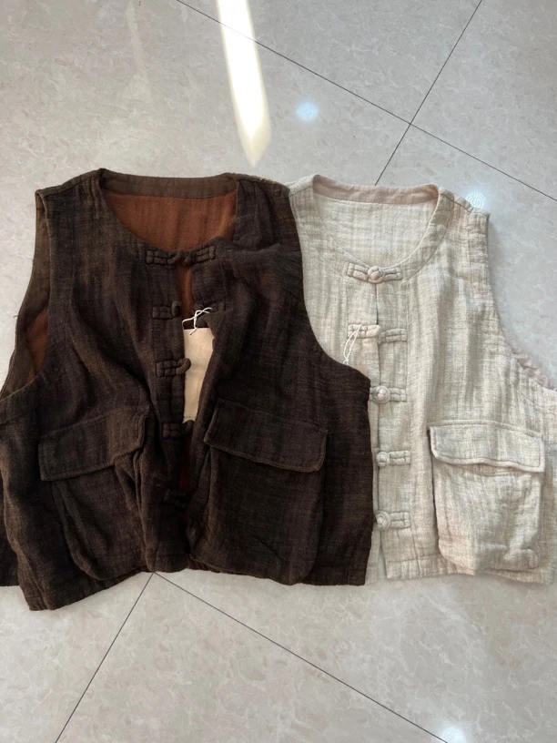 高定色织亚麻圆领马甲 2502