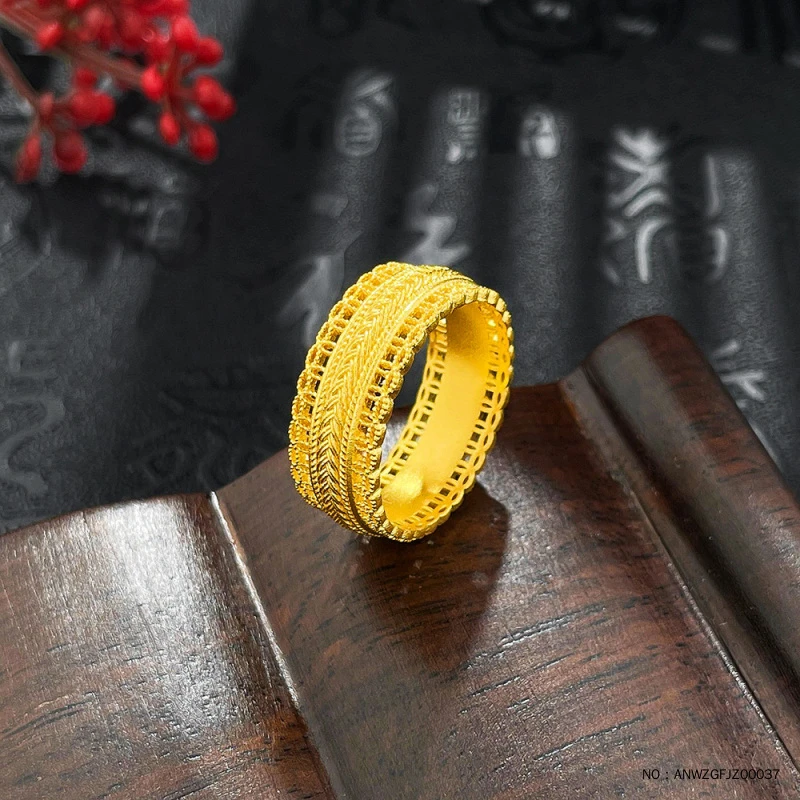 足金古法镂空花丝腰缠万贯戒指