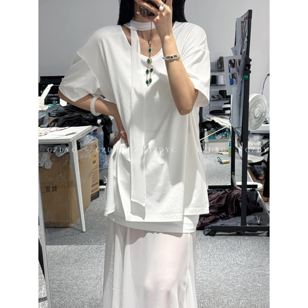 独白 【鸽子的衣橱】 气质百搭时尚高级感U领短袖t恤T大版开叉