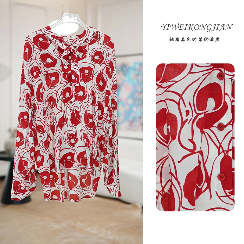法式优雅真丝双绉印花蝴蝶结长袖衬衫女YW1566
