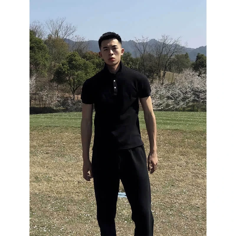 GTLA美式亨利领短袖男夏季收袖口液氨棉正肩t恤显肩宽健身polo衫