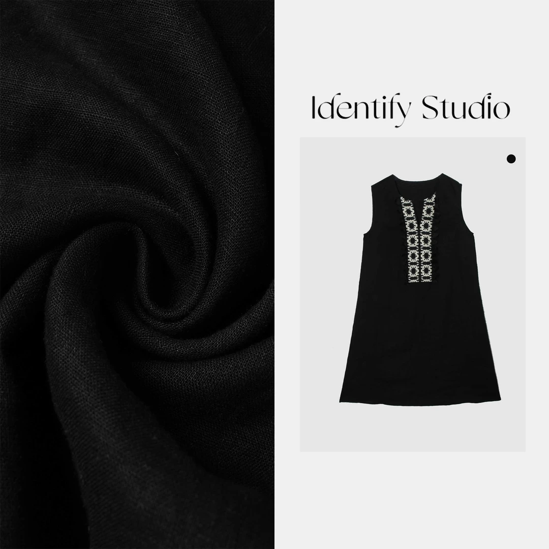 IDENTIFY"黑白夜曲"夏季新款休闲手工钩花亚麻连衣裙25SSss06040