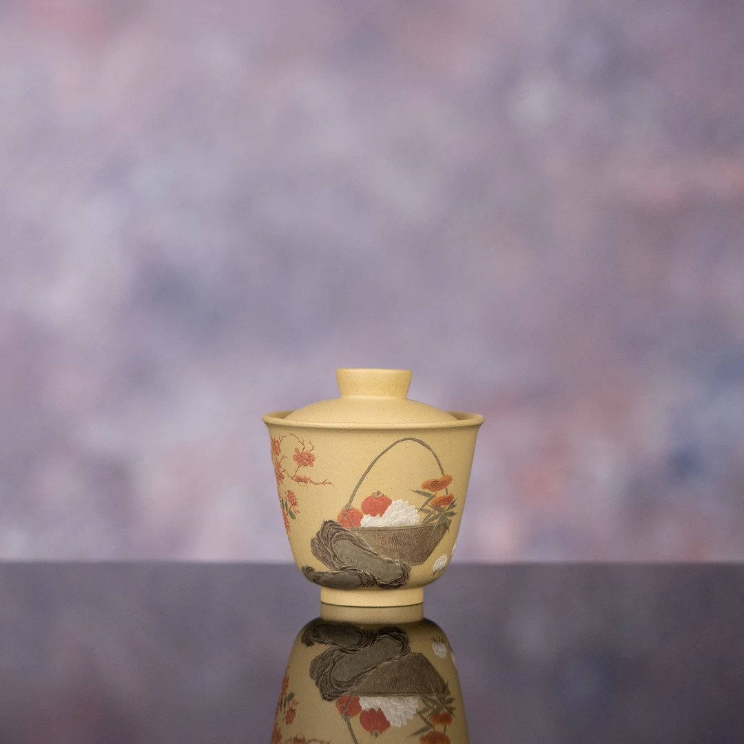 【利贞l树上金丝-盖碗】原矿本山绿泥 约145cc 手工制 紫砂茶具XYCL