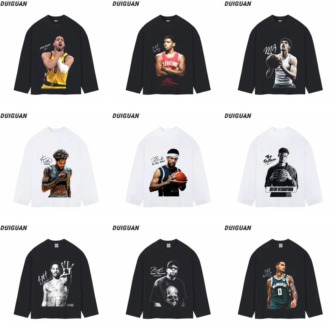 美式球星系列长袖合集潮牌重磅纯棉260g直喷印花篮球秋冬季T恤