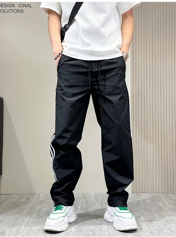 美式三条杠裤子男2025夏季薄款运动高街侧边条纹垂感直筒休闲裤