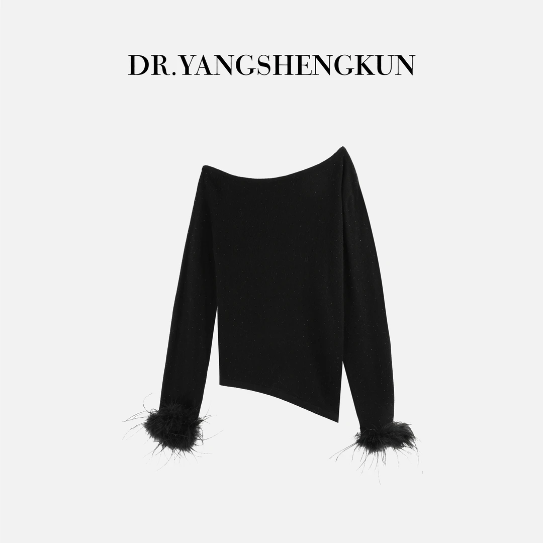 杨圣坤2025新品羊毛羊绒混纺羽毛袖满天星烫钻长袖针织衫S8259235