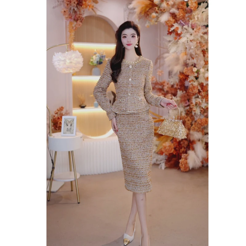 2025冬季新款时尚气质修身显瘦假两件长袖小香风连衣裙25101