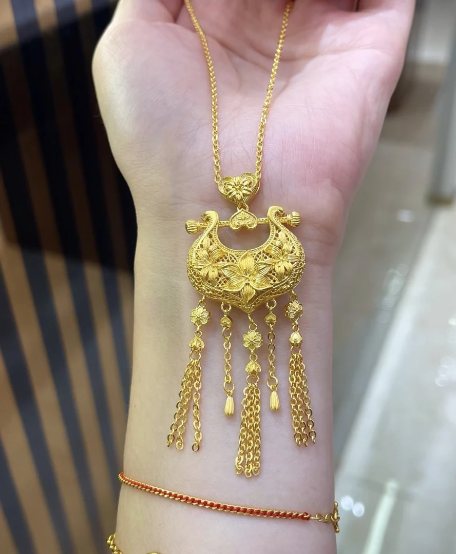 铜合金吊坠 新款拉丝百合花项链新中式国朝精致镂空花丝吊坠女