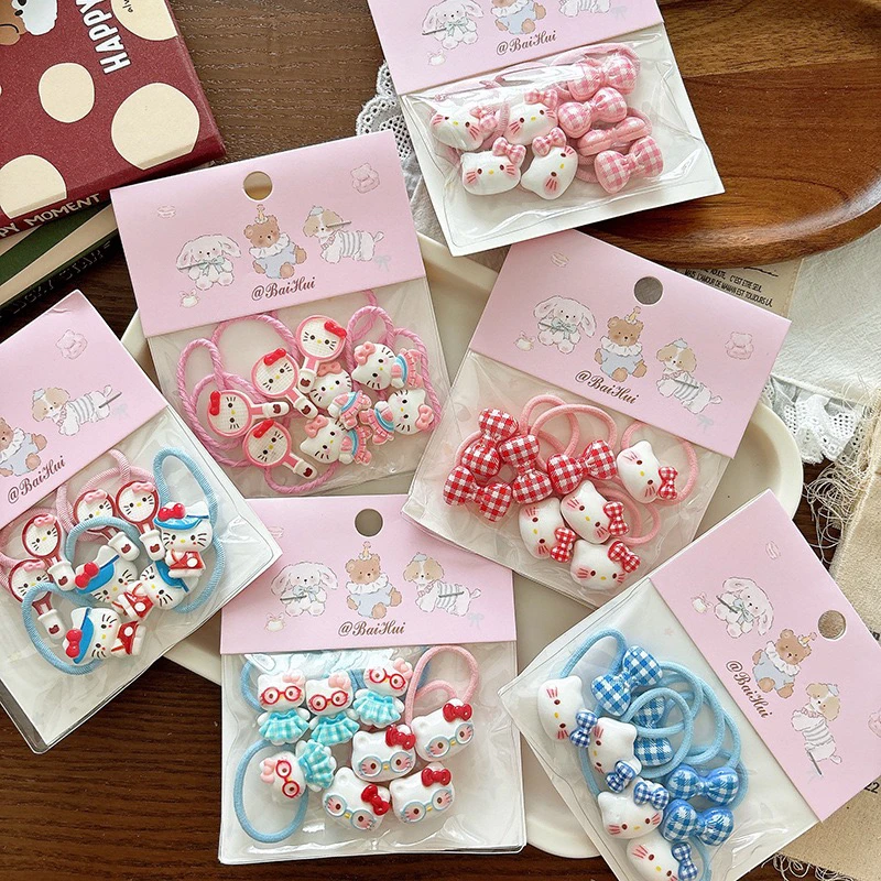 8个可爱卡通kt猫咪儿童发绳格子蝴蝶结女童编发头绳宝宝对扎发饰