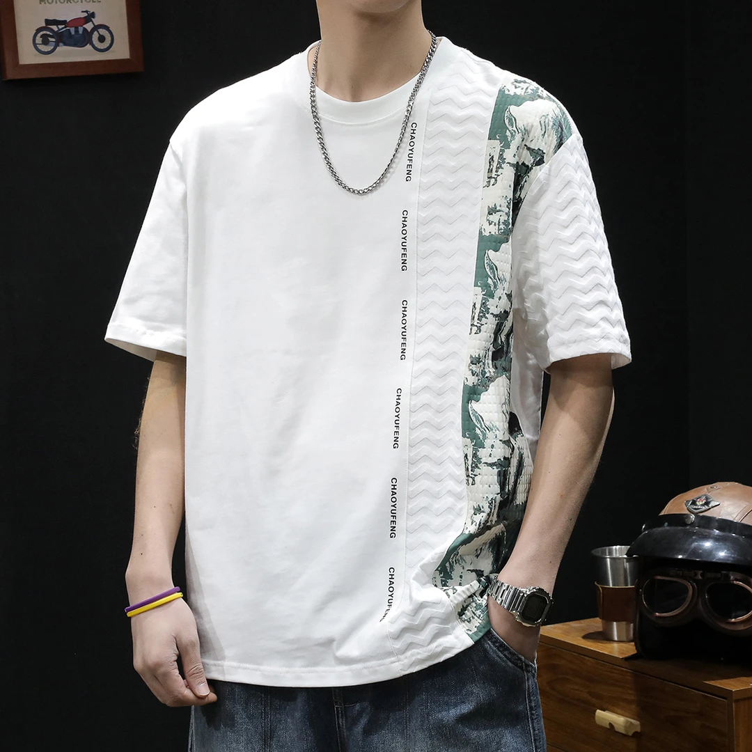 纽斯赫肯高端重磅短袖T恤男士夏季新款宽松大码潮牌拼接时尚半袖t