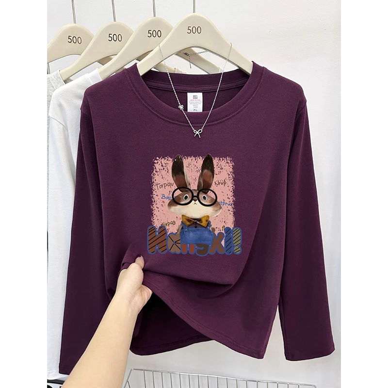 乌梅紫兔子印花圆领正肩长袖t恤大码女装胖mm显瘦遮肉打底衫上衣