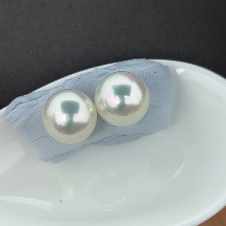 定制海水珍珠未镶嵌裸珠12-13mm澳白青粉光裸珠两颗
