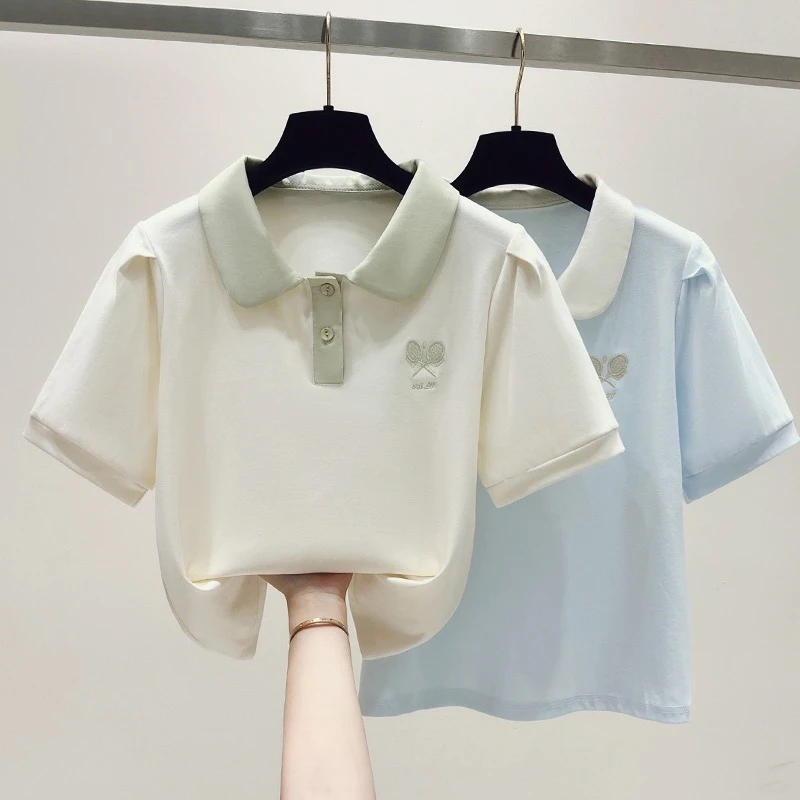 5036实拍2025学院风拼色polo领短袖简约T恤甜美显瘦上衣小个子