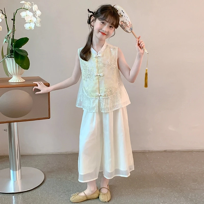 女童夏季新中式国风马甲阔腿裤套装女孩夏装新款洋气中大童两件套