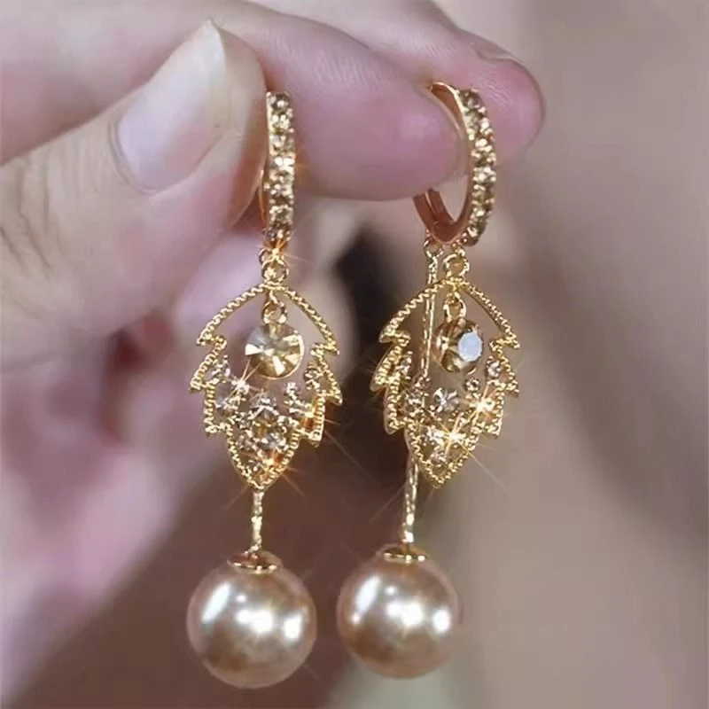 铜合金耳饰 合金耳饰 咖色满钻树叶珍珠耳环女小众设计耳扣