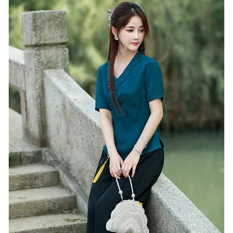 342 1801夏季新款仿花萝修身气质复古改良国风蓝色旗袍小上衣
