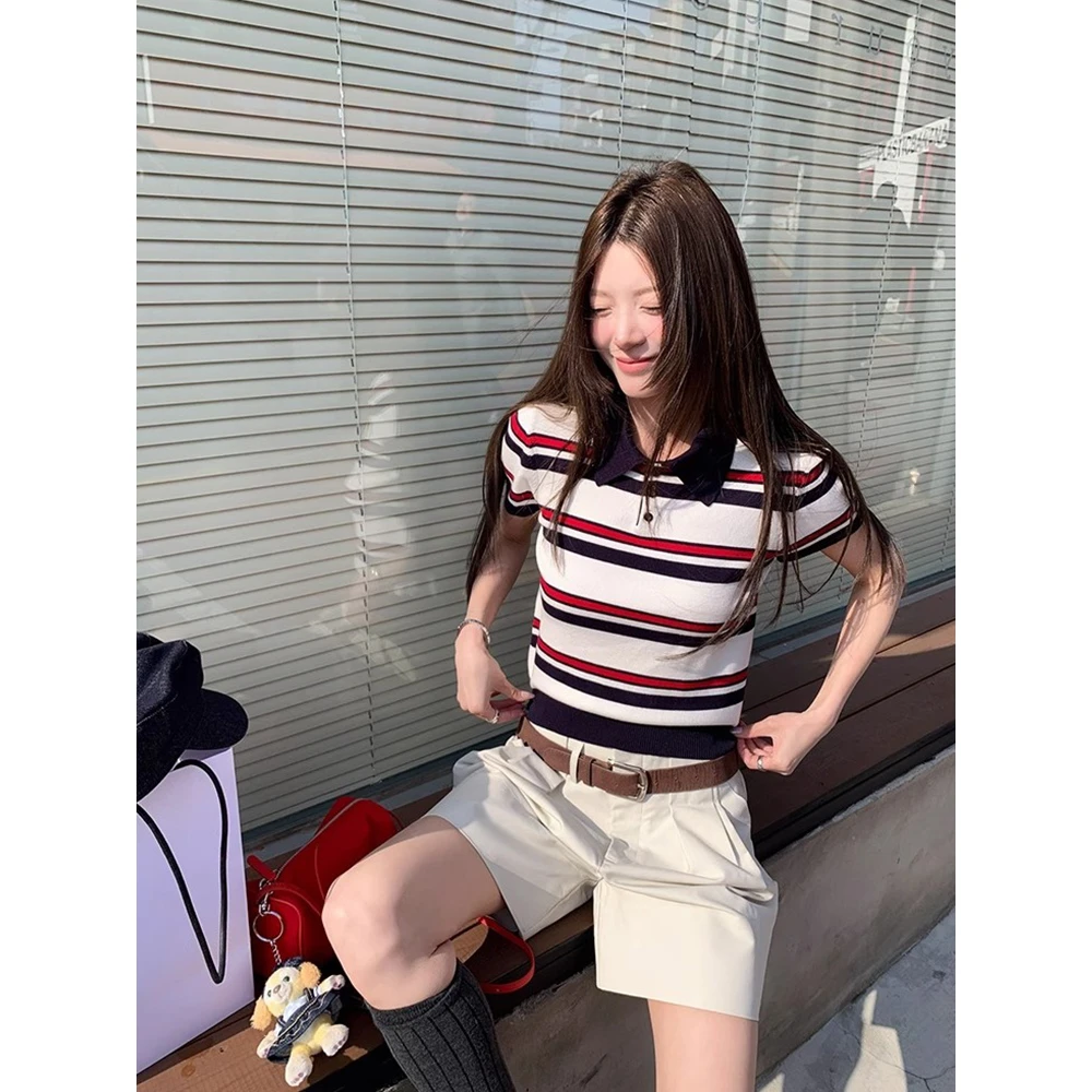 miu系撞色条纹POLO领针织衫女夏季复古百搭短款显瘦正肩T恤上衣薄