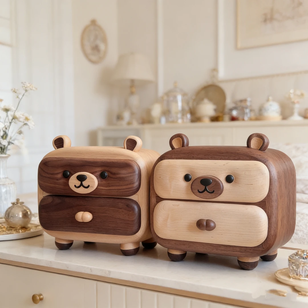 小熊实木可爱萌宠动物抽屉收纳盒可做桌面摆件