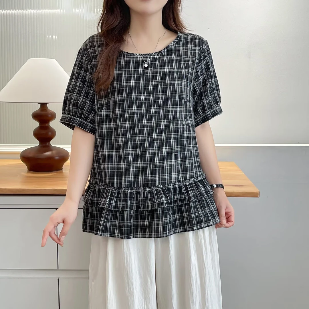 梦冬佳-110-200斤大码女装胖mm百搭显瘦圆领花边下摆短袖小衫上衣