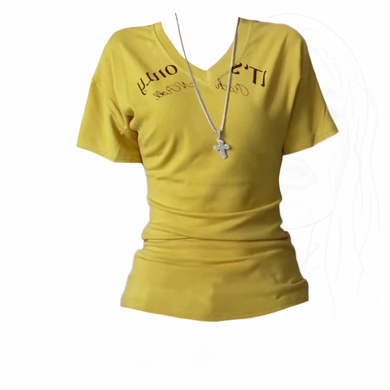 短袖胖mm显瘦款美式辣妹v领字母印花短袖T恤女夏季收腰紧身上衣