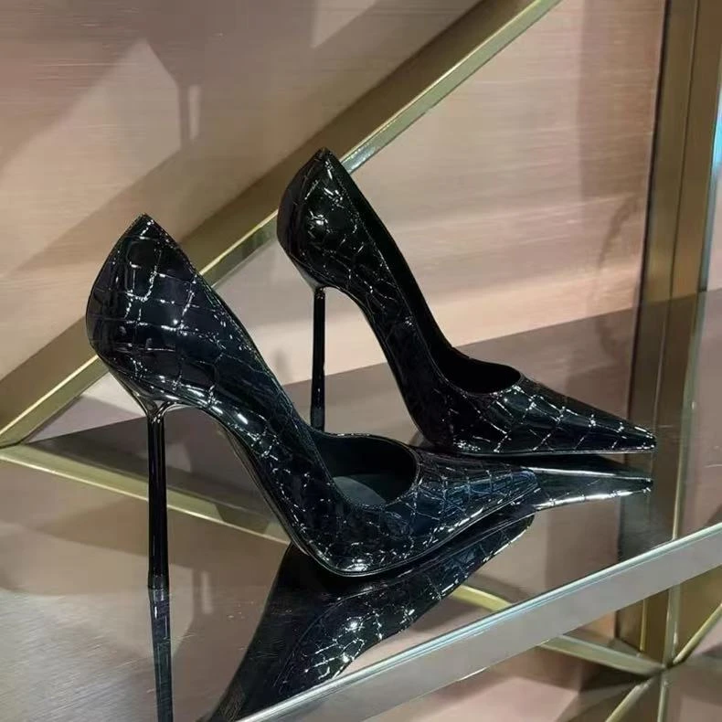 【紫缘至】石头纹高跟鞋细跟2025新款欧美气质性感尖头浅口黑色单鞋