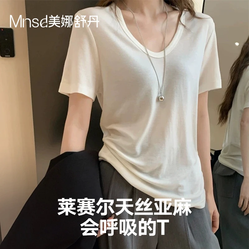 美娜舒丹夏新莱赛尔天丝亚麻女透气轻盈桃领设计无感穿着凉感T恤