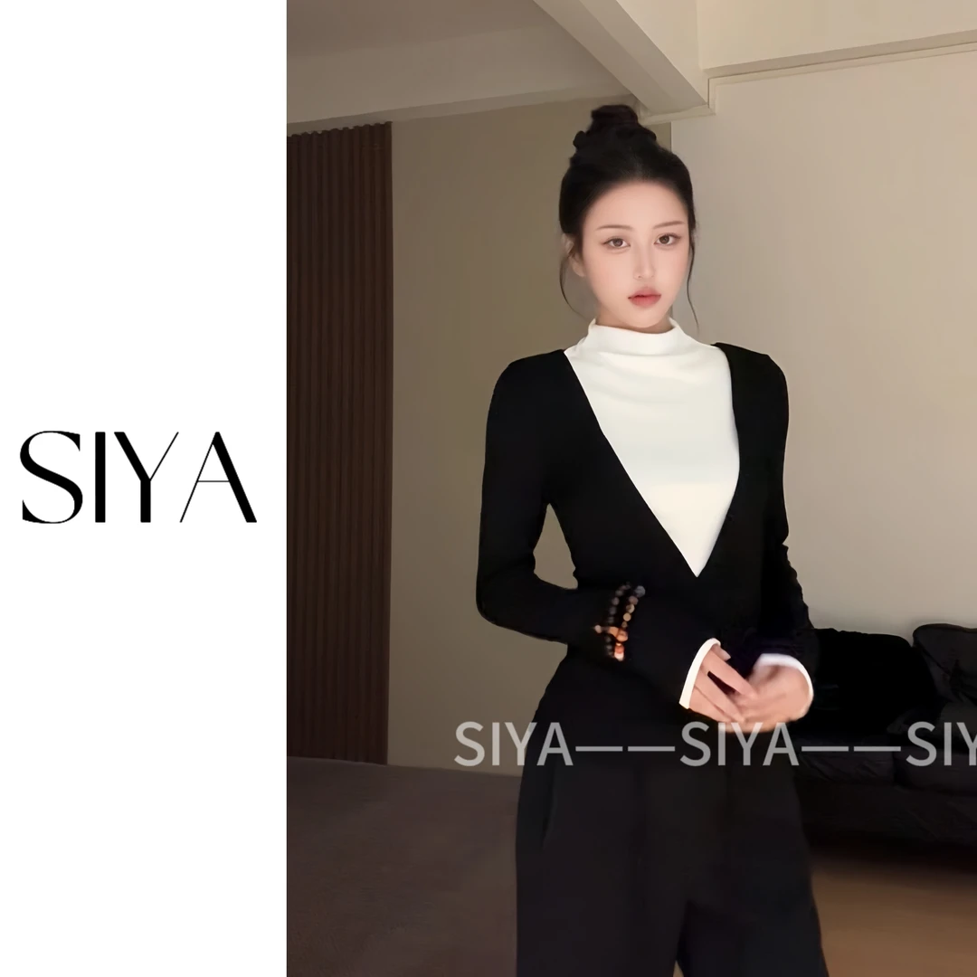 【SIYA】独特黑色假两件长袖T恤女装秋季内搭V领修身打底衫小上衣