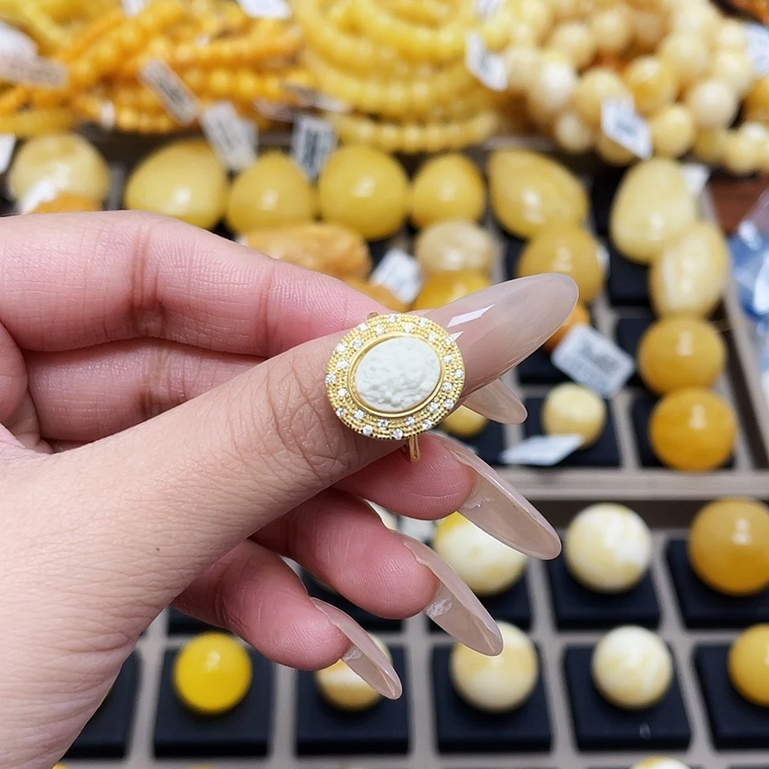 琥珀珠宝奇石银S925镀金镶嵌黄财神