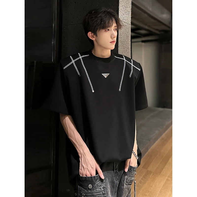 300g重磅垫肩t恤男夏季小众设计感痞帅美式高街高级感小领口短袖