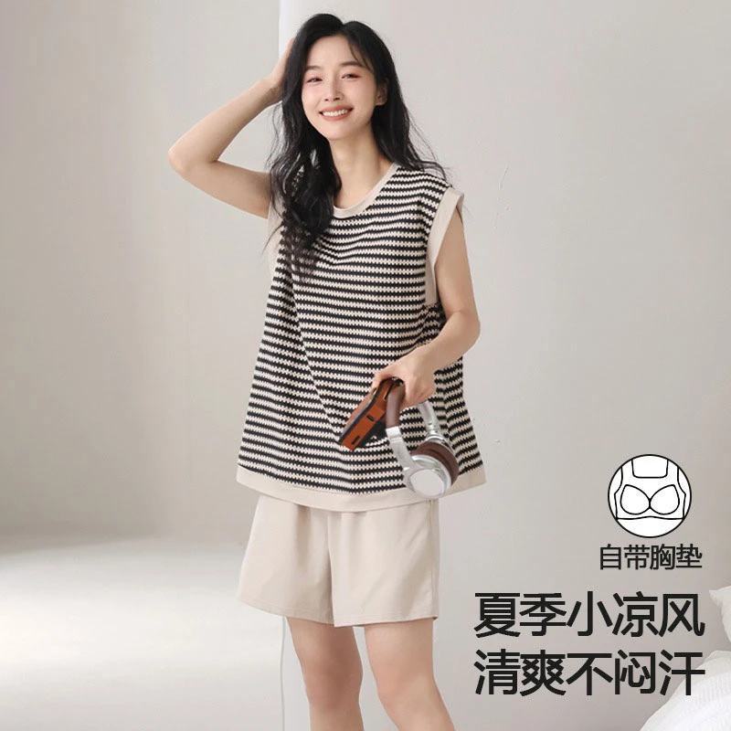 时尚潮流风条纹背心短裤家居服舒适显瘦运动风外穿带胸垫睡衣套装