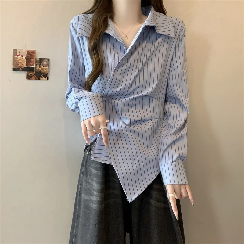 大码女装不规则收腰显瘦条纹衬衫女春秋2025新款气质翻领长袖衬衣