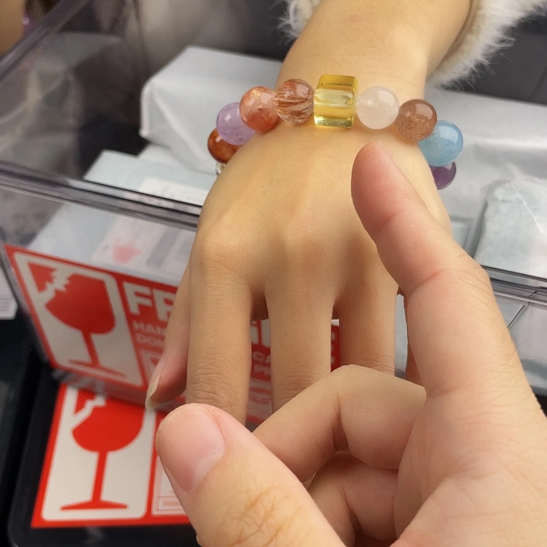 黄晶手串银S925镀金镶嵌