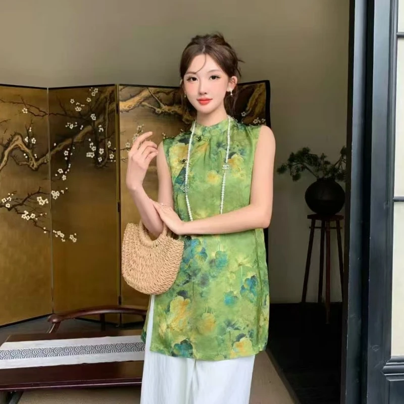 夏季新款新中式国风大气复古精致气质显白小衫+阔腿裤套装5376