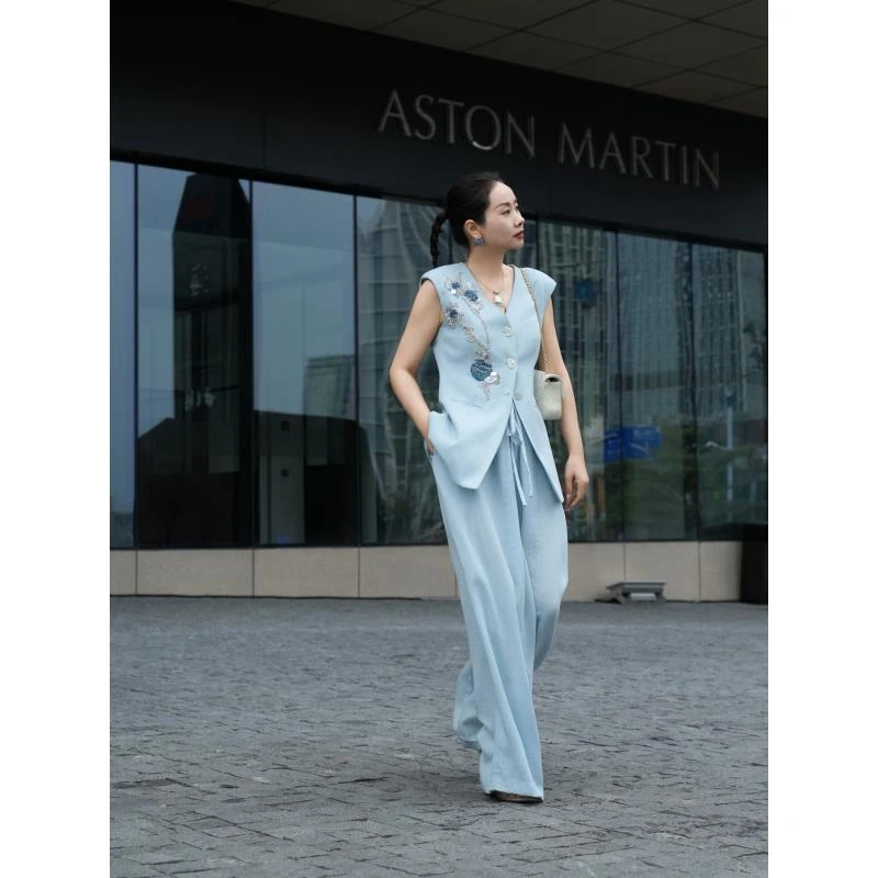 爱妃原创【水色】新中式休闲时尚宽松马甲裤子蓝色套装86816 86817