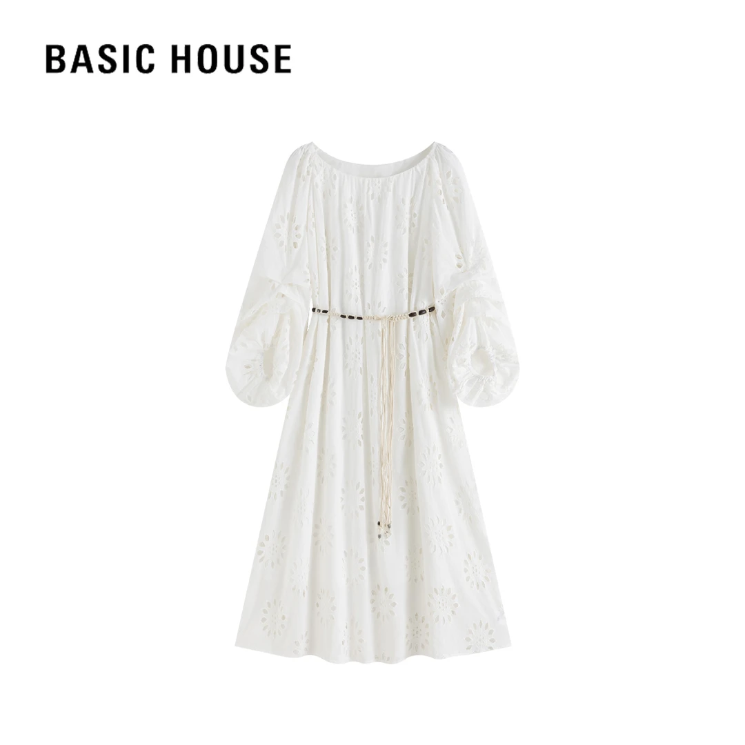 Basic House/百家好夏季显瘦气质长袖白色时尚法式收腰甜美连衣裙