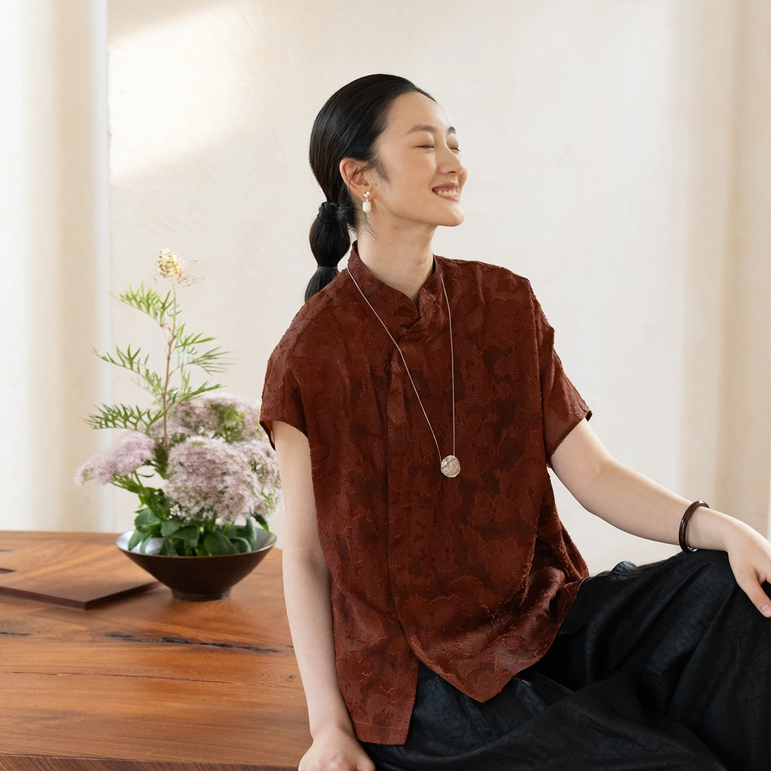 牧衣游原创 剪花香云纱套头衫轻薄设计感立领复古新中式开衫 松海