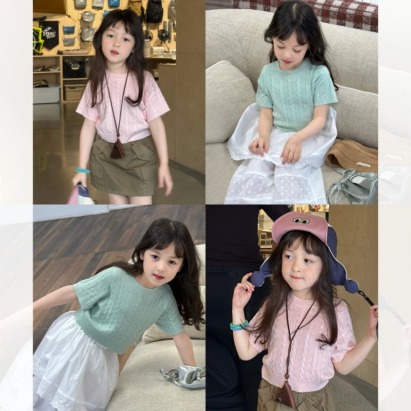 SKB2518女童韩版绞花针织衫短袖春装新款时髦毛线衣百搭圆领上衣